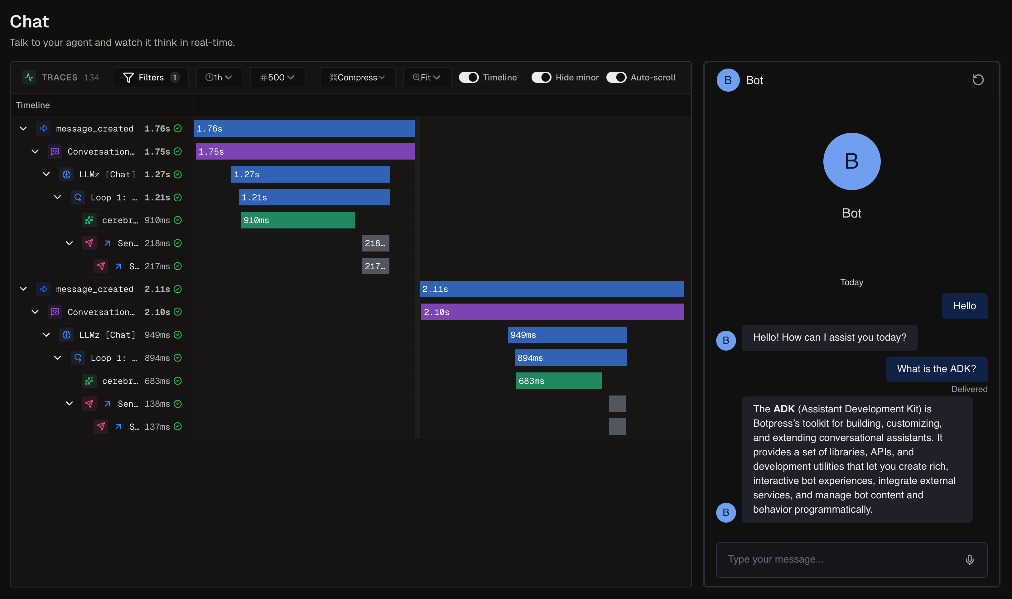 Chat view with Timeline and Bot conversation